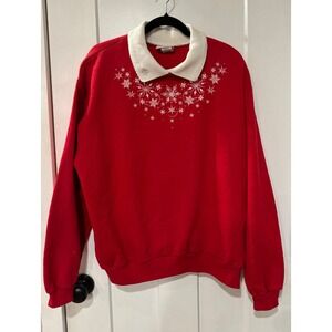 Vintage Christmas Morning Sun Red Snowflake Print Collared Sweatshirt Women's 1X